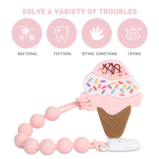 Baby Teething Toys,Food Grade Silicone Teether with One-piece Pacifier Clip Holder 3 Months+