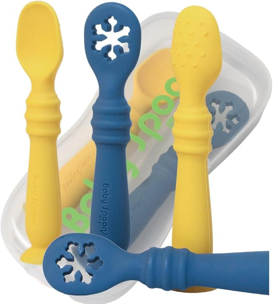 Silicone Baby Feeding set spoons of 2 and case, Baby Utensils for Ages 4 Months +, baby essentials for First Stage, Perfect All Types of Food, Baby Weaning Spoon, baby essentials.