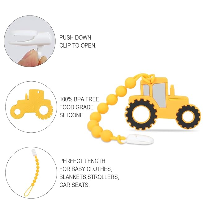 Baby Construction Vehicles Teething Toys,Food Grade Silicone Teether with One-piece Pacifier Clip Holder 3 Months+