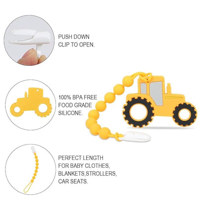 Baby Construction Vehicles Teething Toys,Food Grade Silicone Teether with One-piece Pacifier Clip Holder 3 Months+