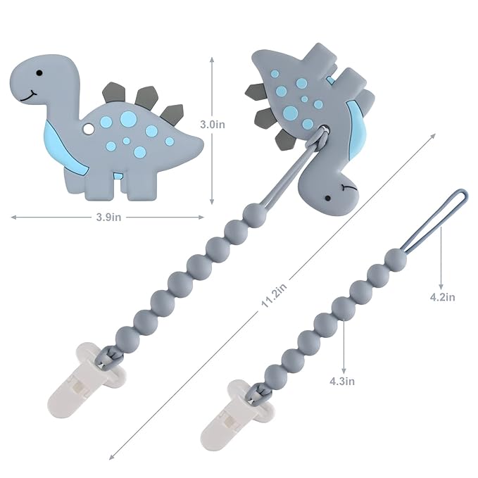 Baby Teething Toys for Babies 3-6 6-12 Months, Dinosaur Teether Pain Relief Toy with One Piece Design Pacifier Clip Holder Set