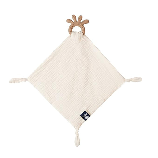 Baby Muslin Security Blanket with Food Grade Silionce Teether,Soothe Teething