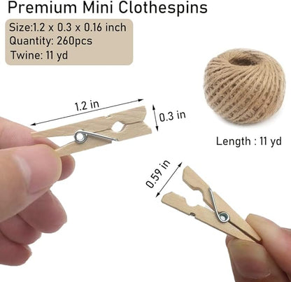 Mini Clothes Pins, 260 PCS Small Wooden Clothes Pins with Jute Twine