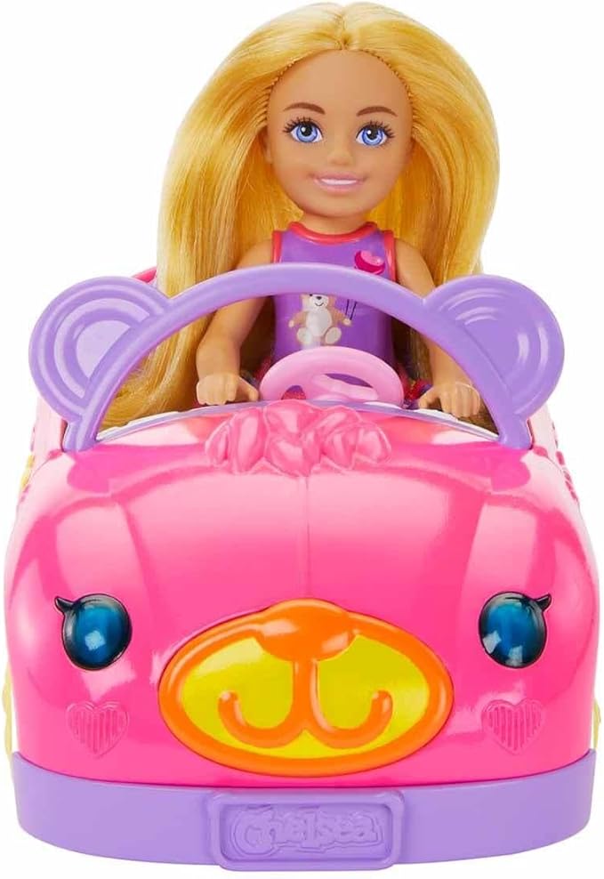 Barbie Chelsea Doll & Toy Car Set with Bear-Themed Convertible & Teddy Bear Accessory, Blonde Small Doll Wears Removable Skirt & Shoes