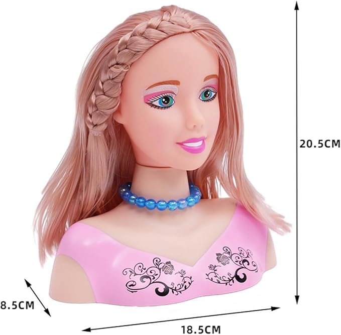 Doll Head Hair Styling Makeup Girls Toys Kids Pretend Play Beauty Set with Real Washable Cosmetics Hairdryer Curling Hairpins Accessories Birthday Gifts for Girls 3 Years Old