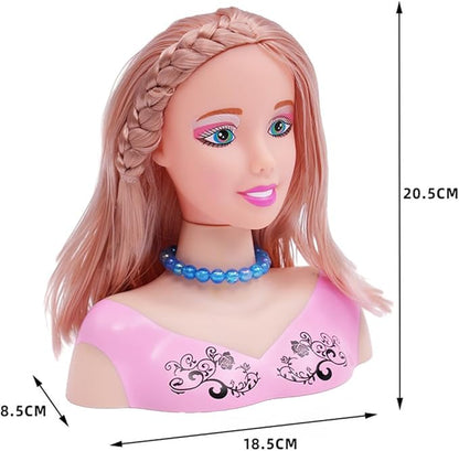 Doll Head Hair Styling Makeup Girls Toys Kids Pretend Play Beauty Set with Real Washable Cosmetics Hairdryer Curling Hairpins Accessories Birthday Gifts for Girls 3 Years Old