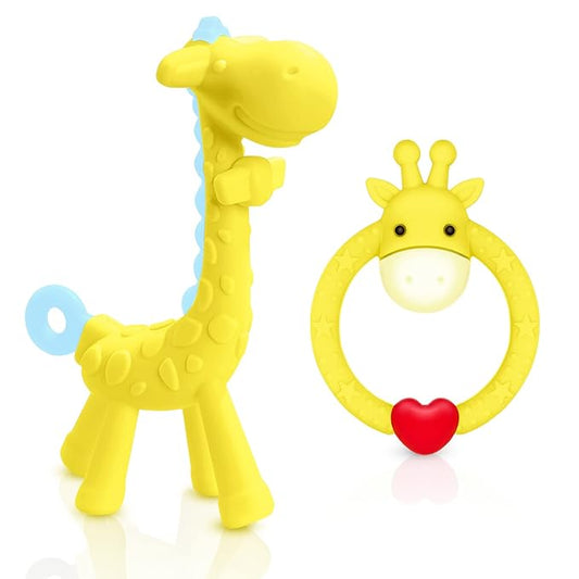 SHARE&CARE BPA Free Silicone Giraffe Baby Teether Toy with Storage Case, for 3 Months Above Infant Sore Gums Pain Relief and Baby Shower