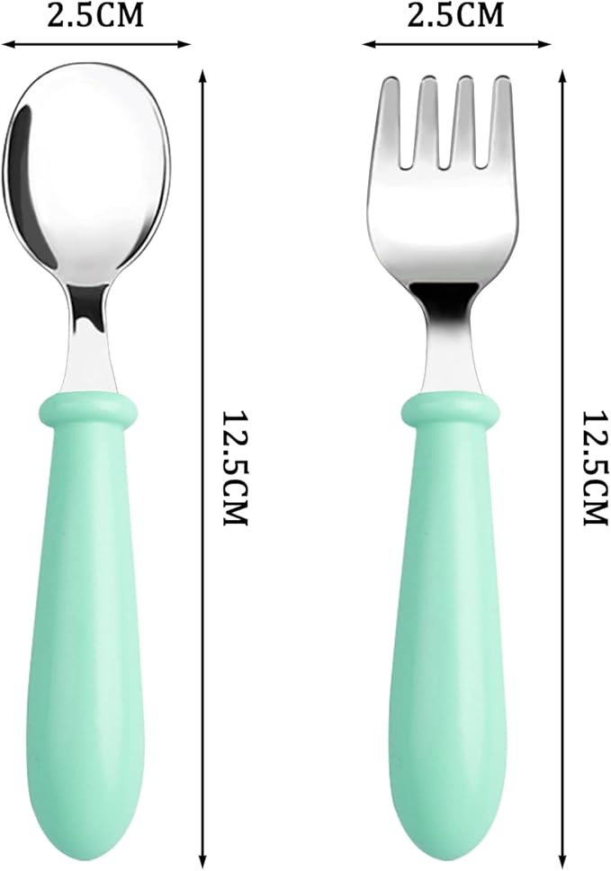 Pimoys 6 Pieces Toddler Utensils Stainless Steel Baby Forks and Spoons Set Kids Silverware Children's Flatware Metal Cutlery Set with Round Handle, 3 x Cute Forks,3 x Children Spoons