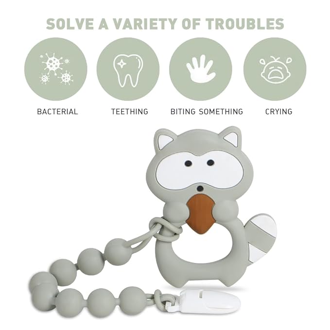 Baby Teething Toys,Food Grade Silicone Teether with One-Piece Pacifier Clip Holder 3 Months+