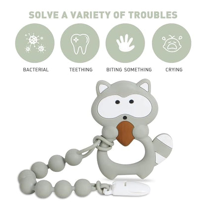 Baby Teething Toys,Food Grade Silicone Teether with One-Piece Pacifier Clip Holder 3 Months+