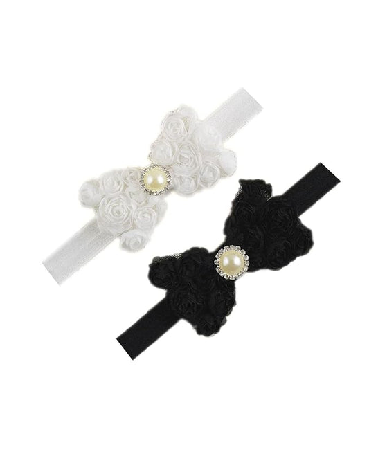 Baby Girls Headbands Lace Rose Bows Pearl Elastic Hair Band with15 colors (2 Pcs-Black+White)