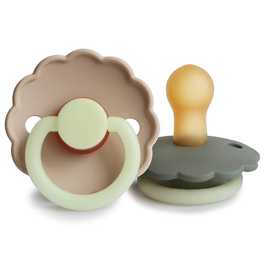 FRIGG Daisy Night Natural Rubber Baby Pacifier | Made in Denmark | BPA-Free (Portobello/Croissant, 0-6 Months) 2-Pack