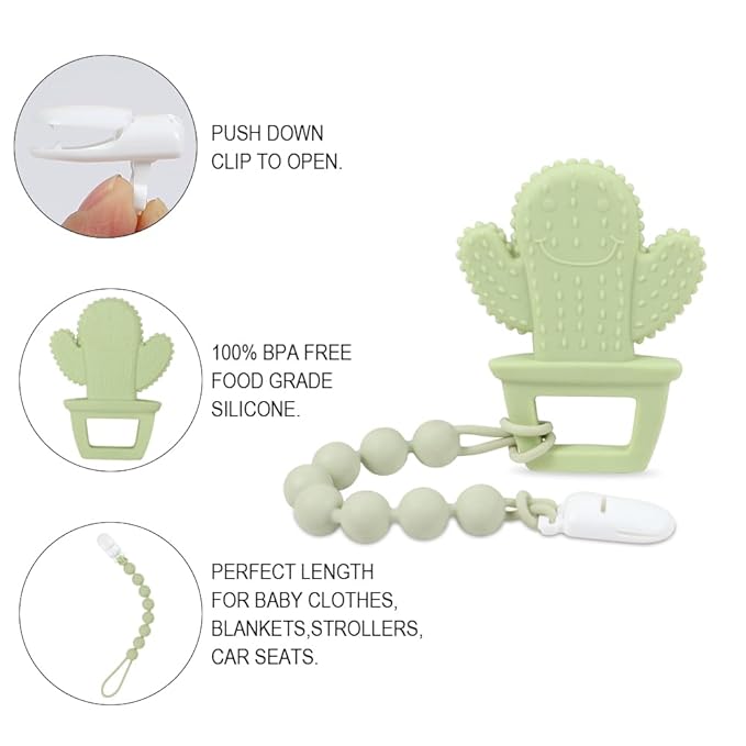 Baby Teething Toys,Food Grade Silicone Teether with One-Piece Pacifier Clip Holder 3 Months+