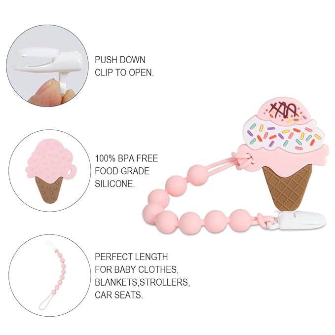 Baby Teething Toys,Food Grade Silicone Teether with One-piece Pacifier Clip Holder 3 Months+