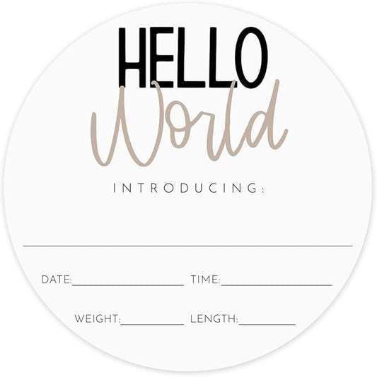 Neutral Hello World Newborn Announcement Sign / 10" Round Dry