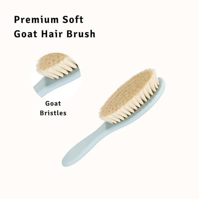 Baby Hair Brush with Soft Goat Bristles - Wooden Cradle Cap Brush for Newborns, Infants, Toddlers, and Kids - Gentle Scalp Grooming and Styling for Baby Girls and Boys (Sky)