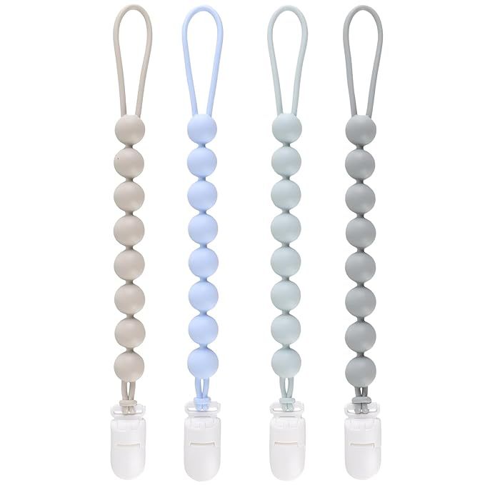 4-Pack Silicone Pacifier Clips for Baby Boys and Girls - with One-Piece Beads, Flexible and Rust-Free Holders for Teething Relief and Baby Essentials