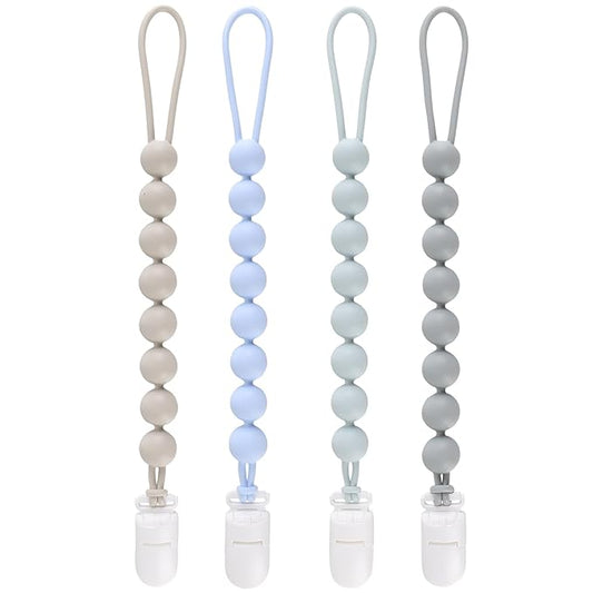 4-Pack Silicone Pacifier Clips for Baby Boys and Girls - with One-Piece Beads, Flexible and Rust-Free Holders for Teething Relief and Baby Essentials