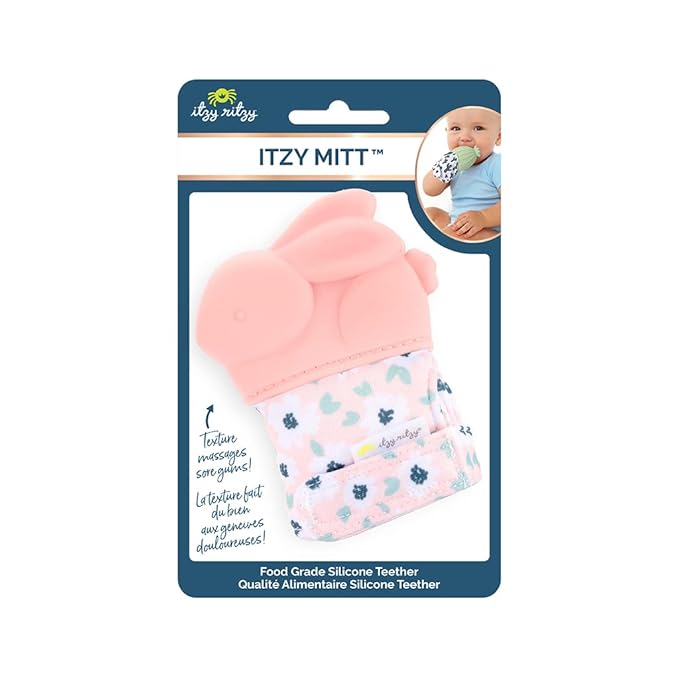 Itzy Ritzy Silicone Teething Mitt - Soothing Infant Teething Mitten with Adjustable Strap, Crinkle Sound & Textured Silicone to Soothe Sore & Swollen Gums 3 Mos
