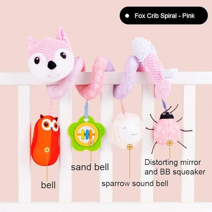 Koty Car Seat Toys, Infant Baby Spiral Plush Activity Hanging Toy for Stroller Bar Pram Crib with Music Box BB Squeaker & Rattles(Pink Fox)