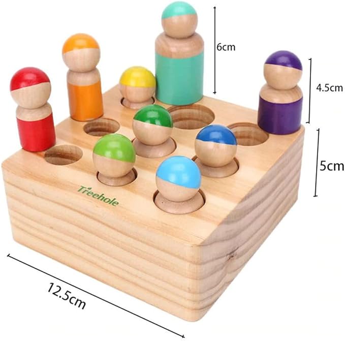 Montessori Toys for Toddlers, Wooden Rainbow Peg Dolls Shapes Sorting Toys 9 Wood
