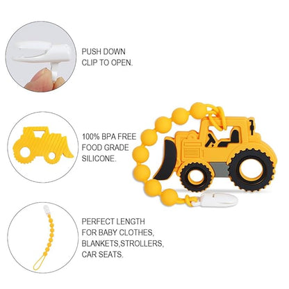 Baby Construction Vehicles Teething Toys,Food Grade Silicone Teether with One-Piece Pacifier Clip Holder 3 Months+