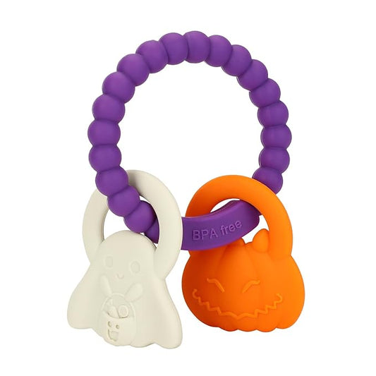 Silicone Teething Ring Toy, Halloween Baby Teether Toys with Rattles Pumpkin and Ghost 3-6-12 Months