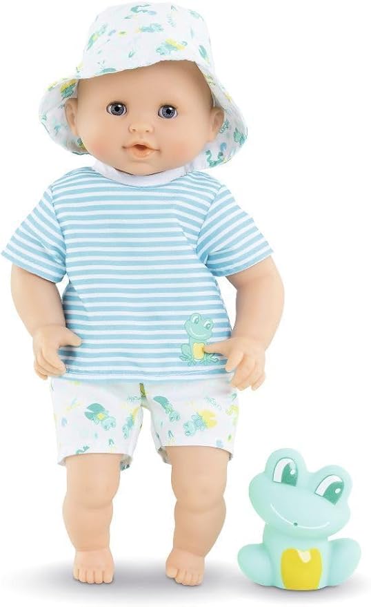 Corolle Bebe Bath Marin Baby Doll - 12" Soft-Body with Rubber Frog Toy, Safe for Water Play in Bathtub or Pool 18 Months