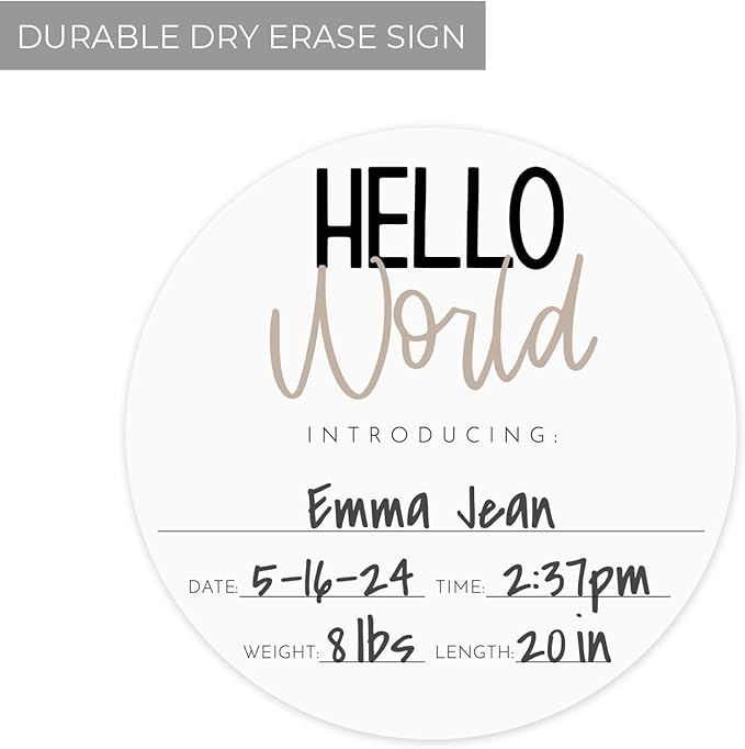 Neutral Hello World Newborn Announcement Sign / 10" Round Dry