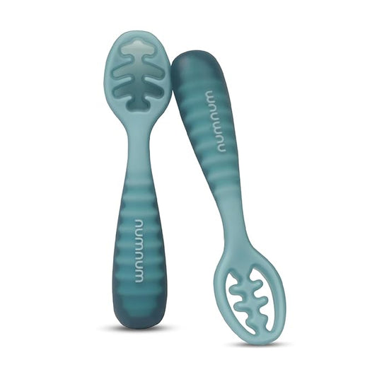 NumNum Baby Spoons Set, Pre-Spoon GOOtensils for Kids Aged 12+ Months - First Stage, Baby Led Weaning (BLW) Spoon - Self Feeding, Silicone Toddler Food Utensils - 1-Pack, 2 Spoons, Blue