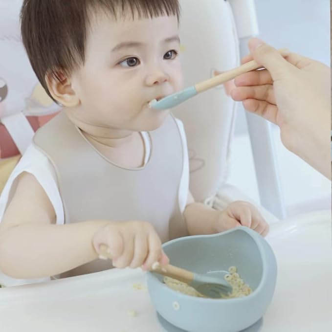 Ginbear Baby Bowls with Suction, Silicone Bibs, Baby Spoons, Baby Led Weaning Supplies, Toddler Feeding Set for Ages 6 Months+ (Almond)