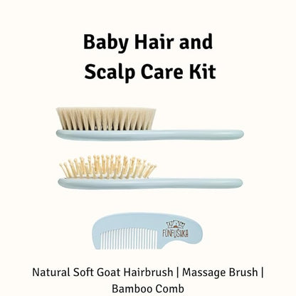 Wooden Baby Hair Brush and Comb Set for Newborns - Baby Soft Goat Bristle & Comb for Gentle Scalp Care - Perfect Registry Gift Set - Cradle Cap Brush for Newborn (Sky)