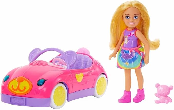 Barbie Chelsea Doll & Toy Car Set with Bear-Themed Convertible & Teddy Bear Accessory, Blonde Small Doll Wears Removable Skirt & Shoes