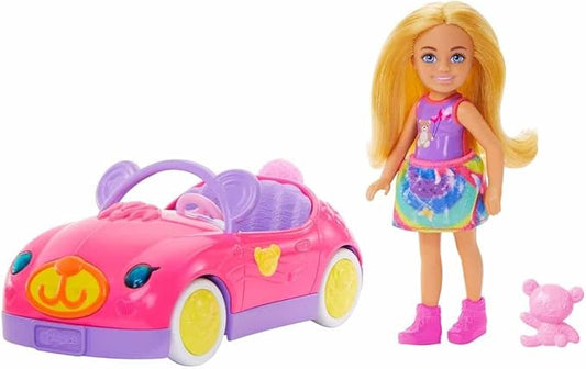 Barbie Chelsea Doll & Toy Car Set with Bear-Themed Convertible & Teddy Bear Accessory, Blonde Small Doll Wears Removable Skirt & Shoes