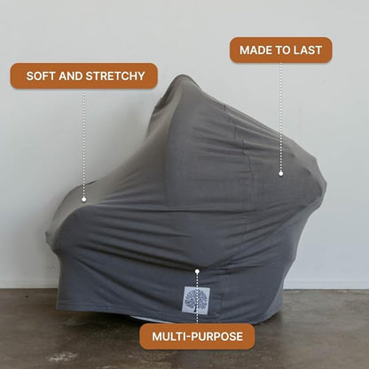 Parker Baby 4 in 1 Car Seat Cover for Girls and Boys - Stretchy Carseat Canopy, Nursing Cover, Grocery Cart Cover, High Chair Cover - “Pewter”