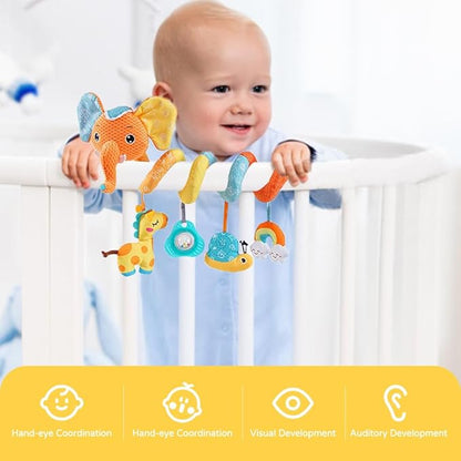 Car seat Hanging Toys, Baby Spiral Activity Plush Stroller Toys Baby Rattle Sensory Toys for Crib Mobile Bassinet with Music Box BB Squeaker Rattles, Infant Toys for 0 6 12 Months Gifts