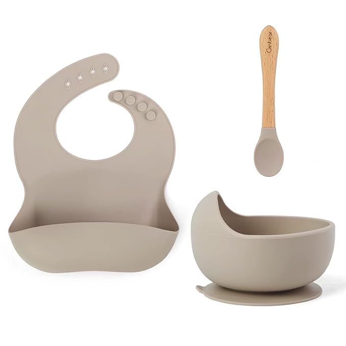 Ginbear Baby Bowls with Suction, Silicone Bibs, Baby Spoons, Baby Led Weaning Supplies, Toddler Feeding Set for Ages 6 Months+ (Almond)