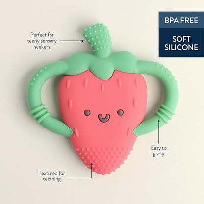 Itzy Ritzy Strawberry-Shaped Baby Teether with Handles; Silicone Teether 3 Months