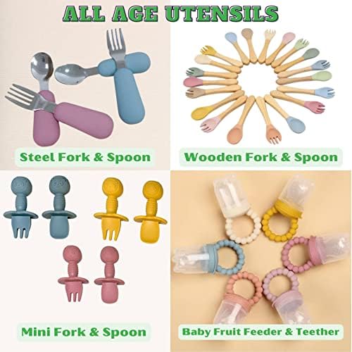 O'doe 17-Piece BPA-Free Silicone Baby Feeding Set | Thick & Soft Suction Plates, Baby Bowls, Wooden Fork & Spoon, and More | Make Mealtime Fun and Easy for Your Little One | Pink, V2