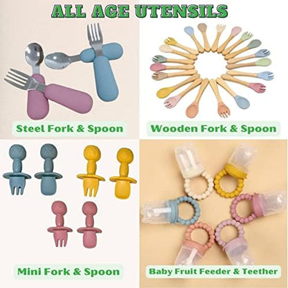 O'doe 17-Piece BPA-Free Silicone Baby Feeding Set | Thick & Soft Suction Plates, Baby Bowls, Wooden Fork & Spoon, and More | Make Mealtime Fun and Easy for Your Little One | Pink, V2