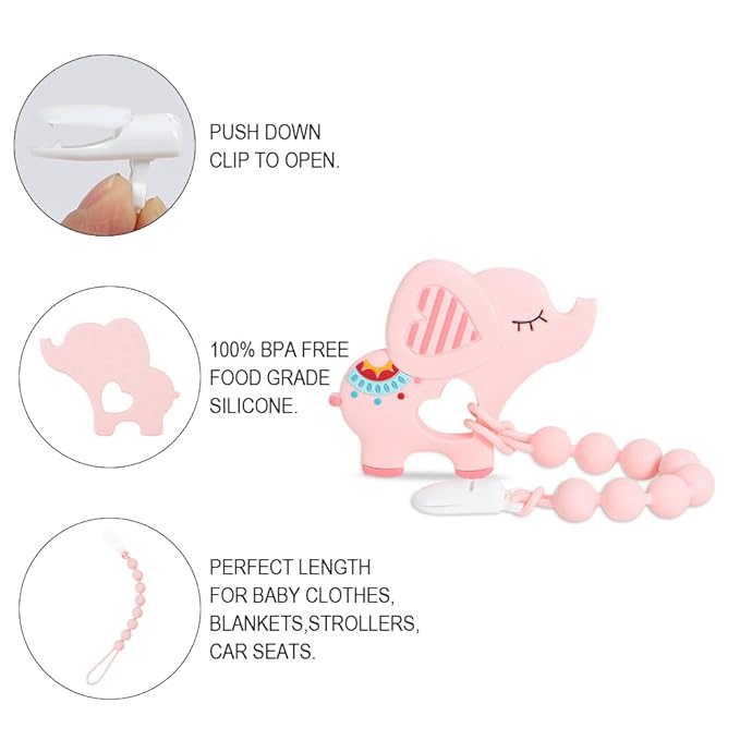 Baby Teething Toys,Food Grade Silicone Teether with One-Piece Pacifier Clip Holder 3 Months+