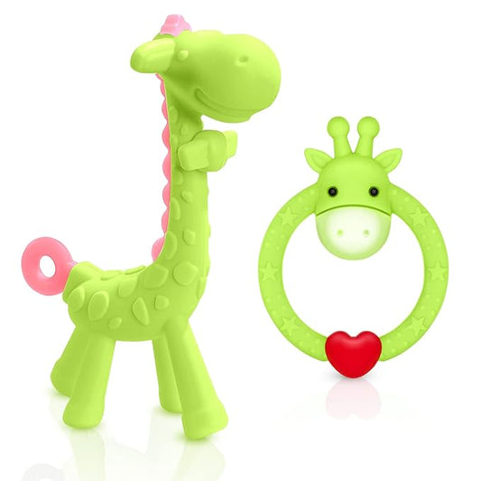 SHARE&CARE BPA Free Silicone Giraffe Baby Teether Toy with Storage Case, for 3 Months Above Infant Sore Gums Pain Relief and Baby Shower