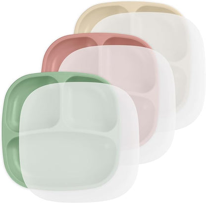 Re-Play Made in USA 7" Deep Walled Divided Plates for Kids, Set of 3 With 3 Lids - Reusable 3 Compartment Plates, Dishwasher and Microwave Safe - 7.37" x 7.37" x 1.25", Desert Sands