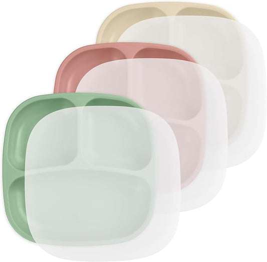 Re-Play Made in USA 7" Deep Walled Divided Plates for Kids, Set of 3 With 3 Lids - Reusable 3 Compartment Plates, Dishwasher and Microwave Safe - 7.37" x 7.37" x 1.25", Desert Sands