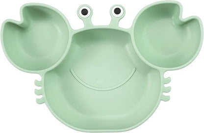 PandaEar 2 Pack Silicone Suction Plate for Baby, Divided Unbreakable Toddler Food Plate with 2 Pack Spoons for Self Feeding, Toddler Utensils Feeding Set Baby Eating Supplies, Crab Shape -Blue&Green