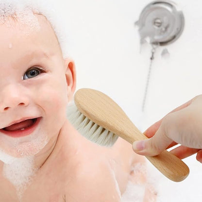 Baby Hair Brush with Wooden Handle and Comb Set for Newborns & Toddlers | Natural Soft Goat Bristles l Wood Comb l Purple Silicone Brush (3 Piece)