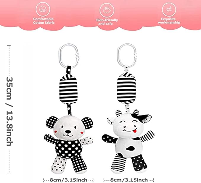 Baby Car Seat Toys, Black White Stroller Toy Stretch Baby Spiral Plush Toys, Hanging Rattle Toys for Crib Mobile, Newborn Sensory Toy Best Gift for 0 3 6 9 12 Months (Calf/Panda)