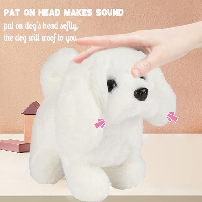 Hopearl Walking Dog Bichon Interactive Electronic Pet Plush Toy Puppy Woof and Moving Animated Nodding Head Gifts for Toddlers Birthday, White 7''