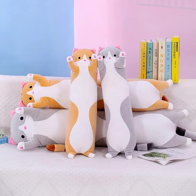 Cute Cat Plush Long Body Pillow Cuddle Cartoon Stuffed Animals Cat Plushie Soft Doll Pillows Gifts for Kids Girls (Gray, 51 Inches) 1 Count 1)