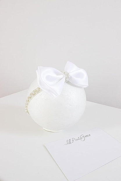 0-12 Newborn Baby Baptism Pearl Headband with Bow in WHITE Christening Headband with Satin Bow, Pearl Rhinestone Band (Peach(6-12Months) 6-12Months)